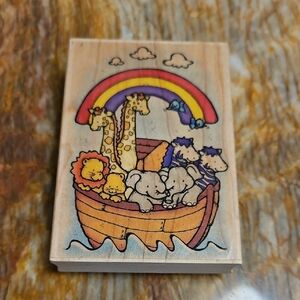 Noah's Ark Wooden Rubber Stamp with Rainbow